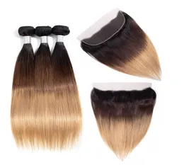 13x4 Spitze-Frontal-Verschluss mit Bundles Ombre Brasilianische Gerade 3 Bundles mit Spitze Frontal Blonde Echthaar-Webart Farbe 1b 4 27 7850048