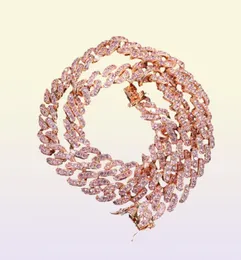 Uwin 9mm Iced Out Women Rllglace Rose Gold Metal Cuban Link Full with Pink Zirconia Stones Chain Jewelry7081583