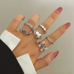 Cluster Ringe Vintage Hohl Herz Schmetterling Set Für Frauen Metall Silber Farbe Geometrische Spirale Form Ring 6 stücke 2024 Trendy Schmuck