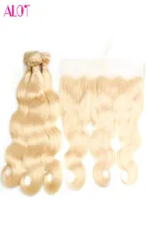 Бразильские пучки блондинок с фронтальным цветом 613 Объемная волна человеческих волос от уха до уха 134 Прозрачная кружевная фронтальная застежка с 3 Bundl4458565