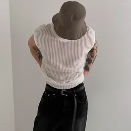 Men's Tank Tops Hollow Out Solid Knitted Shirt Sexy Top Summer Loose Knit Vest Korean O Neck Sleeveless Tees See Through Undershirts