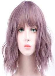 Wondero Short Wavy Wige for Black Women African American Synthetic Bulk Hair Purple Wigy with Bangs Heat Resistant Cosplay Wig4506109