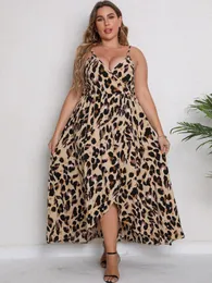 Plus Size Sexy Spaghetti Strap Leopard Print Irregular Hem Cami Maxi Dresses For Women 240202