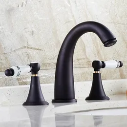 Bathroom Sink Faucets Black Oil Rubbed Brass Dual Ceramics Handles Widespread 3 Holes Vessel Faucet Cold/ Water Tap Anf080