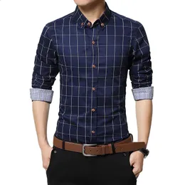 Модная брендовая мужская рубашка из хлопка в клетку, мужская облегающая повседневная деловая рубашка с длинными рукавами, Camisas Hombre M5XL 240126