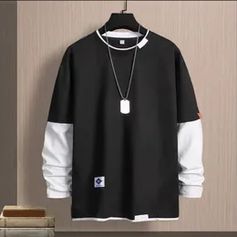 Men Spring Tshirt Fake Twopiece Round Neck Long Sleeves Top Young Style Contrast Color Loose Mens Clothing 240130