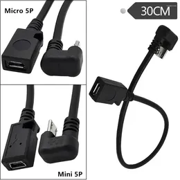Stopień pod kątem mikro USB 5PIN w kształcie litery U mężczyzn do żeńskiej transmisji transmisji rozszerzenia ładowania kabli sznur kablowy 30 cm 1 stóp