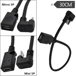 Grad nach oben abgewinkeltes Micro-USB-5-Pin-U-förmiges Stecker-zu-Buchse-Datenübertragungsverlängerungs-Lade-Synchronisierungskabel, 30 cm, 1 Fuß