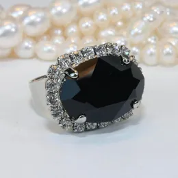 Pierścienie klastra S925 Sterling Silver Real obsydian Pierścień dla kobiet Bizuteria Anillos de 925 Biżuterii