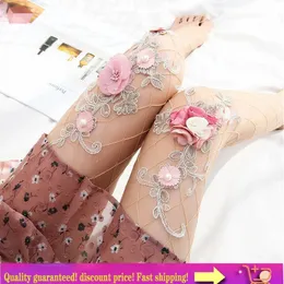 女性セクシーなファッションパターンフィッシュネットストッキングパンストハンドメイド刺繍ピンクフラワータイツ誘惑メッシュソックス