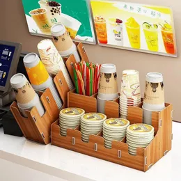 Küche Lagerung Holz Einweg Pappbecher Halter Kaffee Milch Tee Organizer Rack Nehmen Teiler Tissue Box Stroh Halter Display stehen