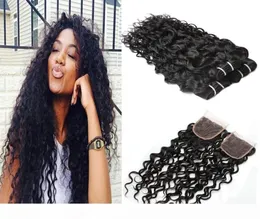 Günstige 8A Brasilianisches Menschenhaar Bundles Mit Spitze Verschluss 44 Wasser Welle Peruanisches Haar Tiefe Welle Lose Welle Reines Haar extensions D9253764