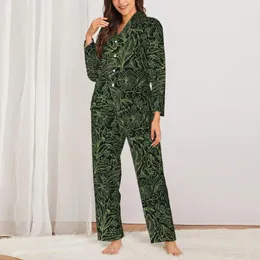 Damen-Nachtwäsche, Pyjama, Damen, Ditsy Floral, tägliche Nachtwäsche, grüne dichte Blume, zweiteilige Vintage-Pyjama-Sets, Langarm, Retro, Übergröße