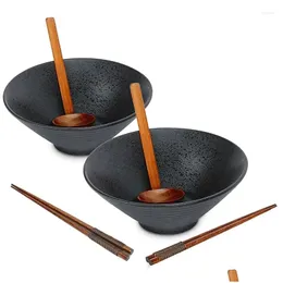 Ciotole Set di ciotole per ramen in ceramica al dettaglio giapponese con bacchette e cucchiaio Udon Noodle 2 set Consegna a domicilio Cucina da giardino Sala da pranzo Bar Otcw8