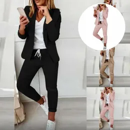 Женский 1 комплект, привлекательный блейзер с открытой строчкой, брюки с эластичной резинкой на талии, осенне-зимний деловой костюм с длинными рукавами для офиса 240202