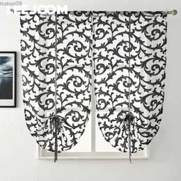 Cortina LEEJOOM Curto Cortina de Cozinha Moderna Janela Tratamento Amarrar Balão Casa Têxtil Painel Transparente Tule Branco Preto Jacquard