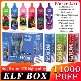 Original Elf Box 14000 Puff 14000 Puffs engångs E-cigarett har 25 ml VAPE 0/2/3/5% Laddningsbart 600mAh Integrated Battery Associated 10 smaker tillgängliga