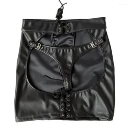 Saias Sexy Mulheres PU Faux Couro Mini Saia com Tanga Spanking Club Dance Bondage Erótica Lingerie Night Clubwear