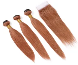 30 Médio Auburn Cabelo Humano Fechamento de Renda com Pacotes Brasileiro Reto Auburn Cor Tece Extensões de Cabelo Virgem com Fechamento 3629031