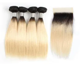 Ombre blondin raka hårbuntar med stängning 1b 613 Dark Roots 50GBundle 1012 tum 4 buntar Brasilianska remy Human Hair Extens8070912