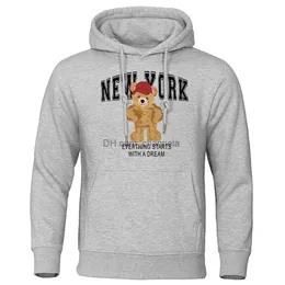 Moletom com capuz masculino Nova York Tudo começa com sonho Teddy Bear Mens Hoodies Vintage Qualidade Tops Soft Fashion Roupas Harajuku Qualidade Com Capuz T240217