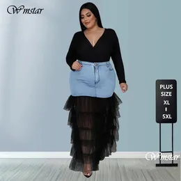 Wmstar Plus Size Only Skirts Women's Clothing Denim Maxi With Mesh Patchwork Sexy Medium Stretch Wholesale Drop 240131