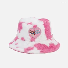 Berets 2024 Women Winter Cow Print Plush Fisherman Hat Fluffy Bucket Outdoor Faux Fur Thick Warm Cap Basin Hats