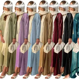 Ethnic Clothing Muslim Turkey Abaya Fashion Sparkly Satin Silk Dress Solid Color Set Of Two Pieces Women Long Femme Kaftan Isamic