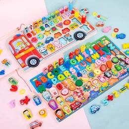 Montessori Education Wood Toys Preschool Children Fire Truck Busin Board Math Fishing Games Early Toys For Kids Xmas Gifts 240118
