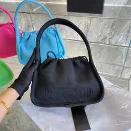 Trend of top quality brand-name bags RYAN series logo printed drawstring closure rib nylon leisure shoulder handbag female fashion bright blue.