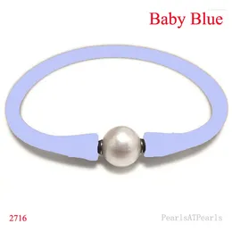 Charm Bracelets 6.5 Inches 10-11mm One Natural Round Pearl Baby Blue Elastic Rubber Silicone Bracelet For Men