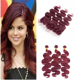 Peruvian Virgin Human Hair Bundles 99J med spets frontala vinröd kroppsvåg mänskligt hårväv avgränsande 3bunds med 134 full fron9666377