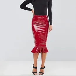 Röcke Sexy Faux Latex Hobble Frauen Glänzendes PU-Leder Rüschen Midi Damen Dehnbarer, figurbetonter langer Rock Clubwear Custom