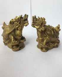 1 pair of copper brass carved trad home decoration fengshui Dragon Turtle longevity Statues metal handicraft1828248