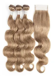 Brasilianska mänskliga hårbuntar med stängning 8 Ash Blonde Body Wave 4 Bunds med 4x4 spetsstängning Remy Human Hair Extensions3397768