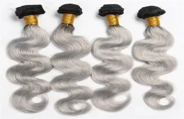 Silver Grey Ombre Indian Body Wave Hair Extensions 1B Grey Two Tone Ombre Hair Bundles 4Pcs lot Body Wave Hair Weave3494536