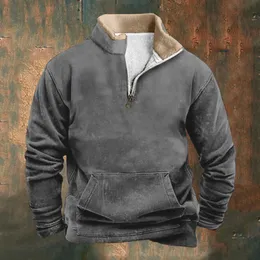 Męskie bluzy zabytkowe zimowe polar gęstwy stały kolor stojak bluzy Kieszenie Kieszenie Ogromne ciepłe jogger pullover Mężczyzna 240118