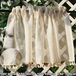 Curtain Vintage Linen Window Drapes Tassels Sheer Cream Beige Tier Curtains Cafe Kitchen Net Short Curtains Panels Rod Pocket Valance