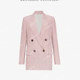 デザイナーレディースブレイザーズブルーネロ長袖リネンダブル胸ピンクのレジャースーツコート