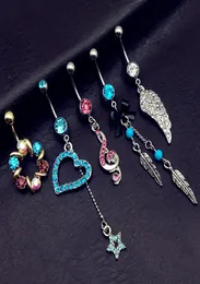 5pcs mix style vintage blue Turquoise wings note star bow long dangle navel belly bar button rings body piercing jewelry4990475