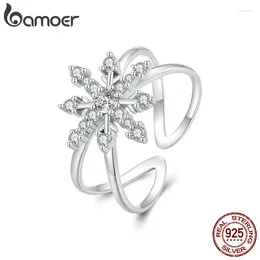 Кольца-кластеры Bamoer, стерлинговое серебро 925 пробы, фантазийное кольцо со снежинкой, геометрическое регулируемое кольцо для женщин, вечерние ювелирные изделия