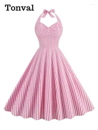 Vestidos casuais tonval rosa e branco listras ruched frente cintura alta algodão halter pescoço mulheres festa de aniversário rockabilly vestido vintage