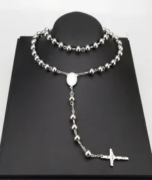 Amumiu 8mm Classic Silver Raby Beads chain Deeld Catholic Catholic Stains Steel Necklace Women للرجال HZN0804729213