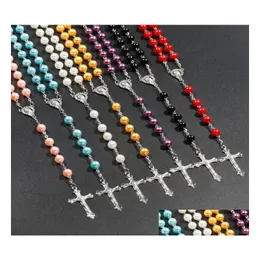 Anhänger Halsketten 7 Farben Relius Katholische Rosenkranz Halsketten Jesus Kreuz Anhänger Lange 8mm Perlenketten Für Frauen Männer Christian Schmuck G Dheyb