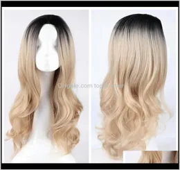 Productszf Long Wavy Synthetic Fashion Hair Charming Curly Ombre Black to Blonde Color Wigs for Women Drop Delivery 2021 ODKQW6676422