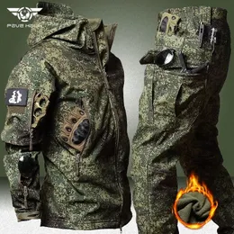 Ru Camo Military Waterfof Sets Men Winter Shark Skin Soft Shell Hooded JacketsMulti-Pocket Cargo Pants 2 PCS戦術的スーツ240126