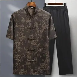 Abbigliamento etnico all'ingrosso da uomo tradizionale cinese di alta qualità in raso con linguetta, abiti retrò casual, pantaloni a maniche corte, set taglia M-4XL