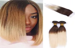 Dark Root Ombre Hair Extension With Top Closure Silky Straight 4 613 Blonde Human Hair 3 Bundles With Lace Closure3156740