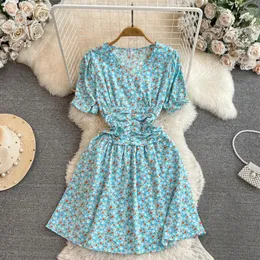 Casual Dresses Vintage Dress Women V-neck Short Sleeve Folds Contrast Color Vestidos Femenino Womens Sweet French Retro Drop