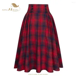 Röcke SISHION Elastic Y2K Vintage Plissee Rot Plaid Rock SS0037 Hohe Taille Knöpfe Verziert Swing Midi Frauen 2024